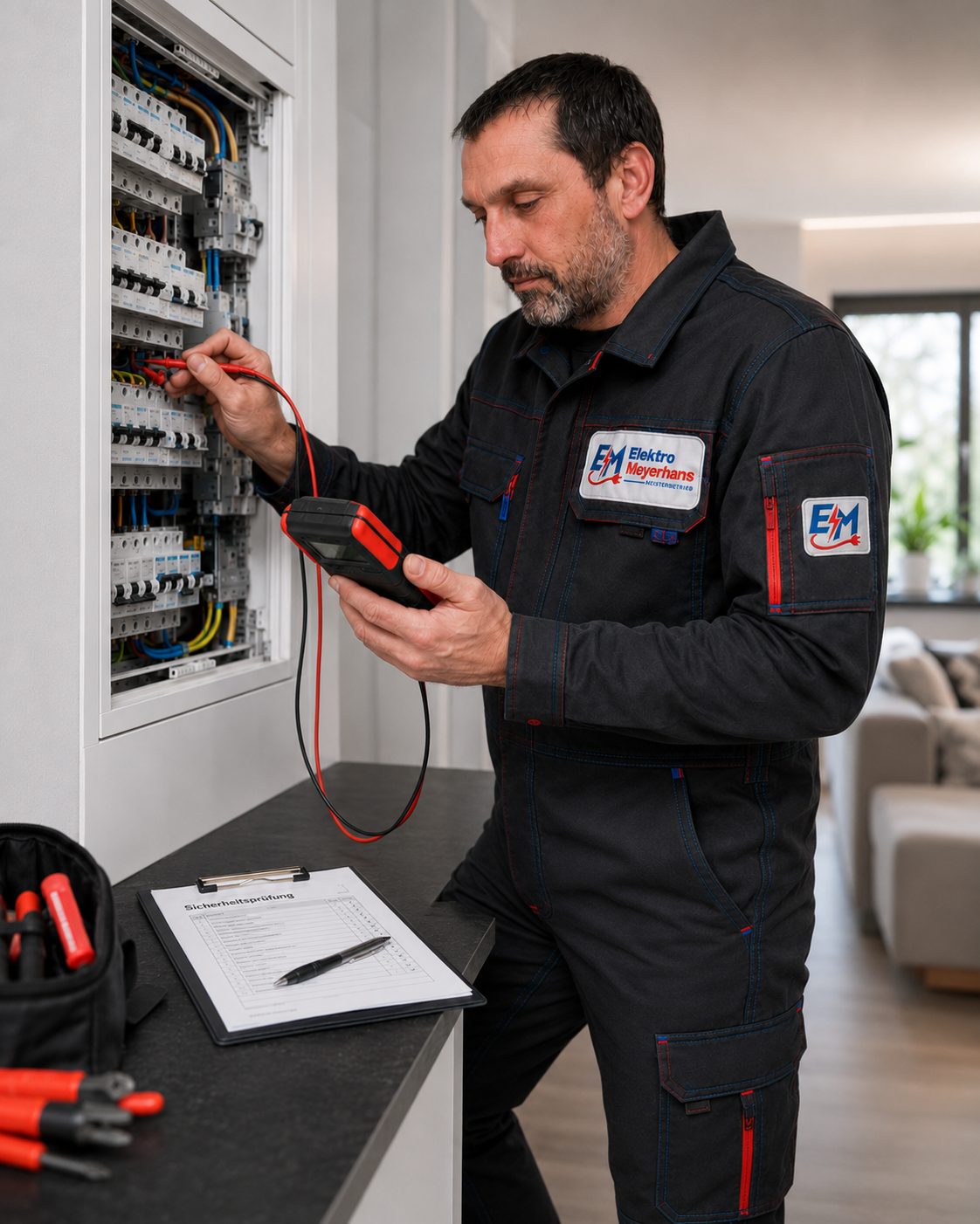 Olivier Meyerhans prüft eine Elektroanlage mit dem Messgerät
